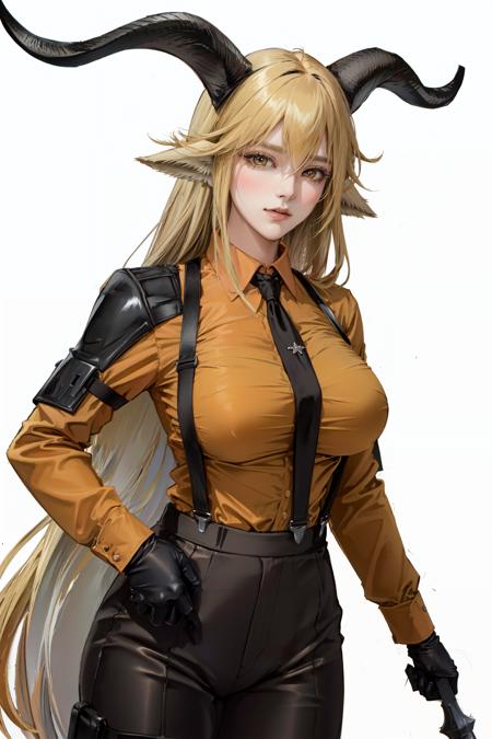 degenbrecher(arknights), necktie, goat girl, black necktie, looking at viewer, large breasts, horns, weapon, hair between eyes, goat horns, suspenders, animal ears, pants, solo, 1girl, long sleeves, white background, long hair, closed mouth, blonde hair, very long hair, black pants, black gloves, yellow eyes, collared shirt, orange shirt, goat ears, simple background, cowboy shot, shirt<lora:degenbrecher:0.7>