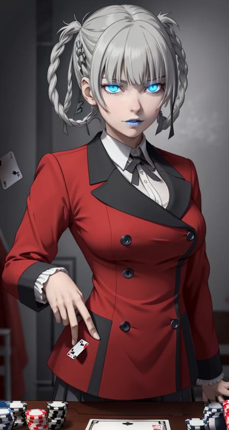 <lora:VRAMs3DMomobami640:0.5> , 1girl, xyzmomobami,  intense glare, hair rings, grey hair, masterpiece, beautiful, portrait, blue lips, red coat, double breasted coat, school_uniform, medium breasts, glowing eyes, poker, cards