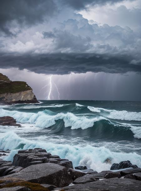 photo of coastline, rocks, storm weather, wind, waves, lightning, 8k uhd, dslr, soft lighting, high quality, film grain, Fujifilm XT3