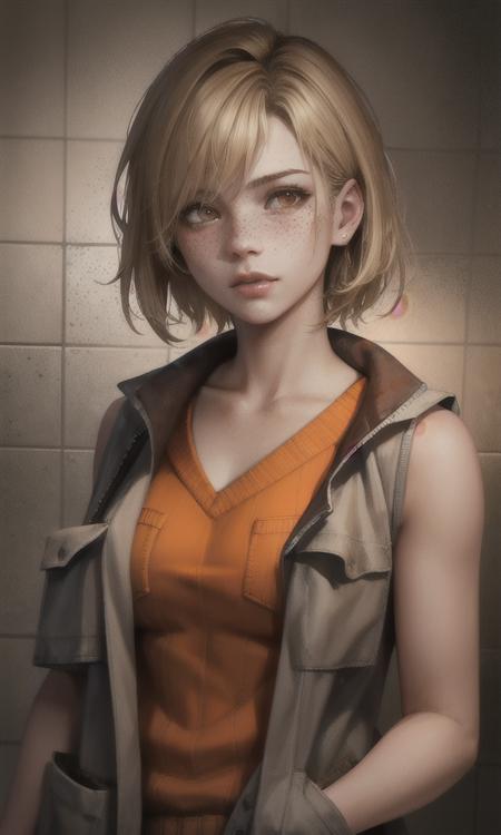 masterpiece, high-detailed:1.2, heathersh3, heather mason, silent hill 3, young adult, 1girl, holding handgun, short blond hair, (white vest with pockets and orange sweater under it), freckles:0.3 , portrait, character, brown eyes, bare shoulders, , old tiles with blood background, grunge,<lora:HeatherMasonSH3:0.90>