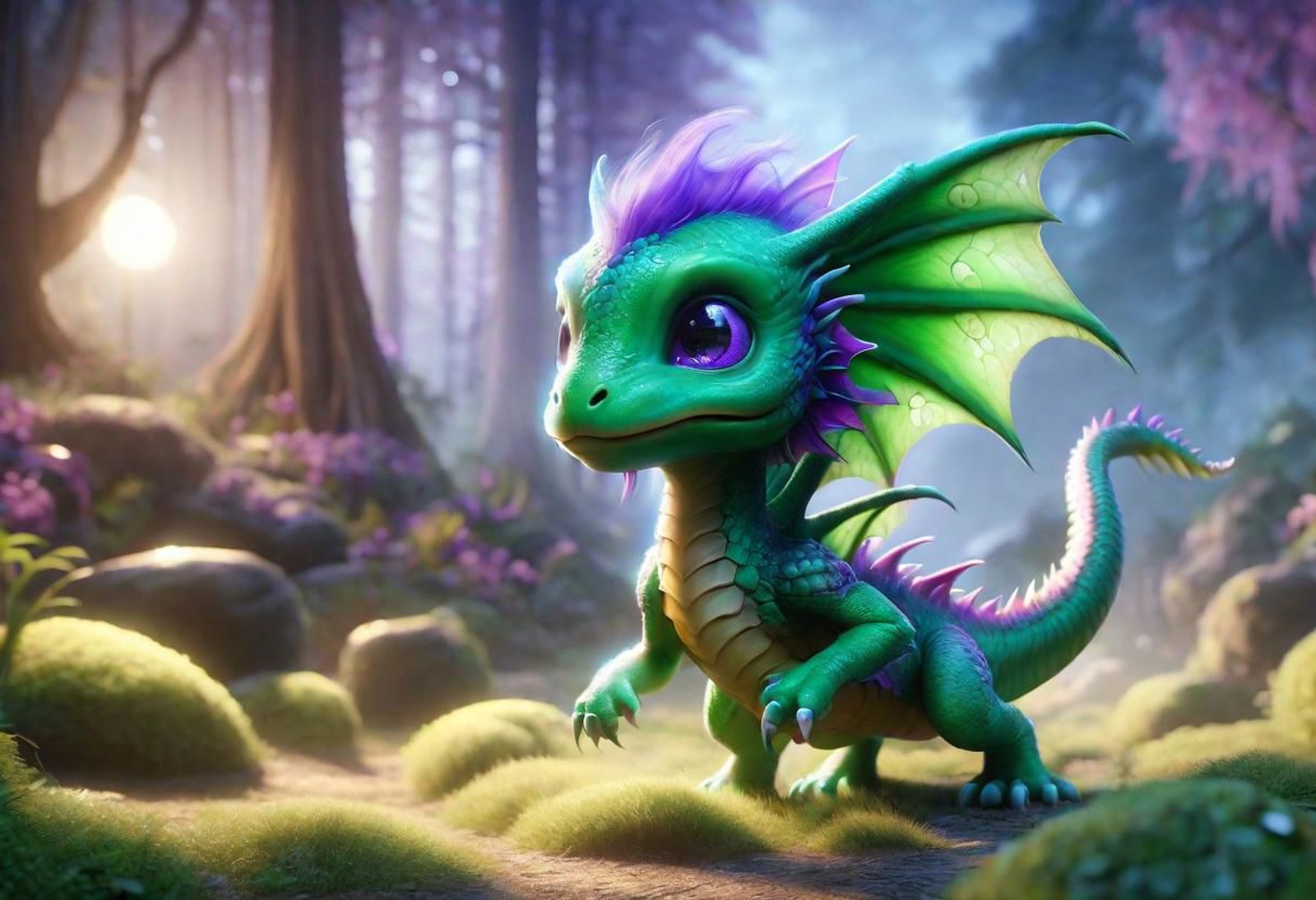 Green purple bluish Baby dragon, cute, glowing in night, glowing eyes
, volumetrics dtx, (film grain, blurry background, b...