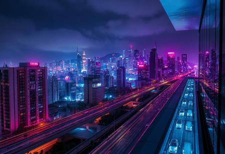Penthouse, night city view, cyberpunk themed, retrowave, highway, big city in the background, tron vibes, digital era, retrowave