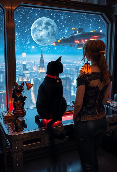 A sleek black cat with red collar sits on a cluttered metal riveted desk with transparent top and micro-LED lighted computer components visible inside, On the desk is an ebony and gold maneki neko statue and a classic ornate art deco lamp, the Black Cat is looking out of a seamless and futuristic floor to ceiling window that looks out at the lights of enormous buildings and cities far below, (((a beautiful woman, 24 years old, is standing in the foreground facing the viewer, the view out of the window depicts nebulae and starships, the sleek black cat with red collar is sitting on the desk and looking out the window, the woman is dressed in an ornate elegant Art-Deco Chinese style top that displays her toned abdomen and tight leather pants. An enormous art deco inspired starship with futuristic lighting and an enormous space station are visible in the background among the stars, The woman's hair is elegantly tied up with a ribbon. Artistic cyberpunk, dynamic perspective, (((overall architectural aesthetic is Art Deco Cyberpunk))).  Epic image that elicits a feeling of wonder and awe, part of the interior is visible,