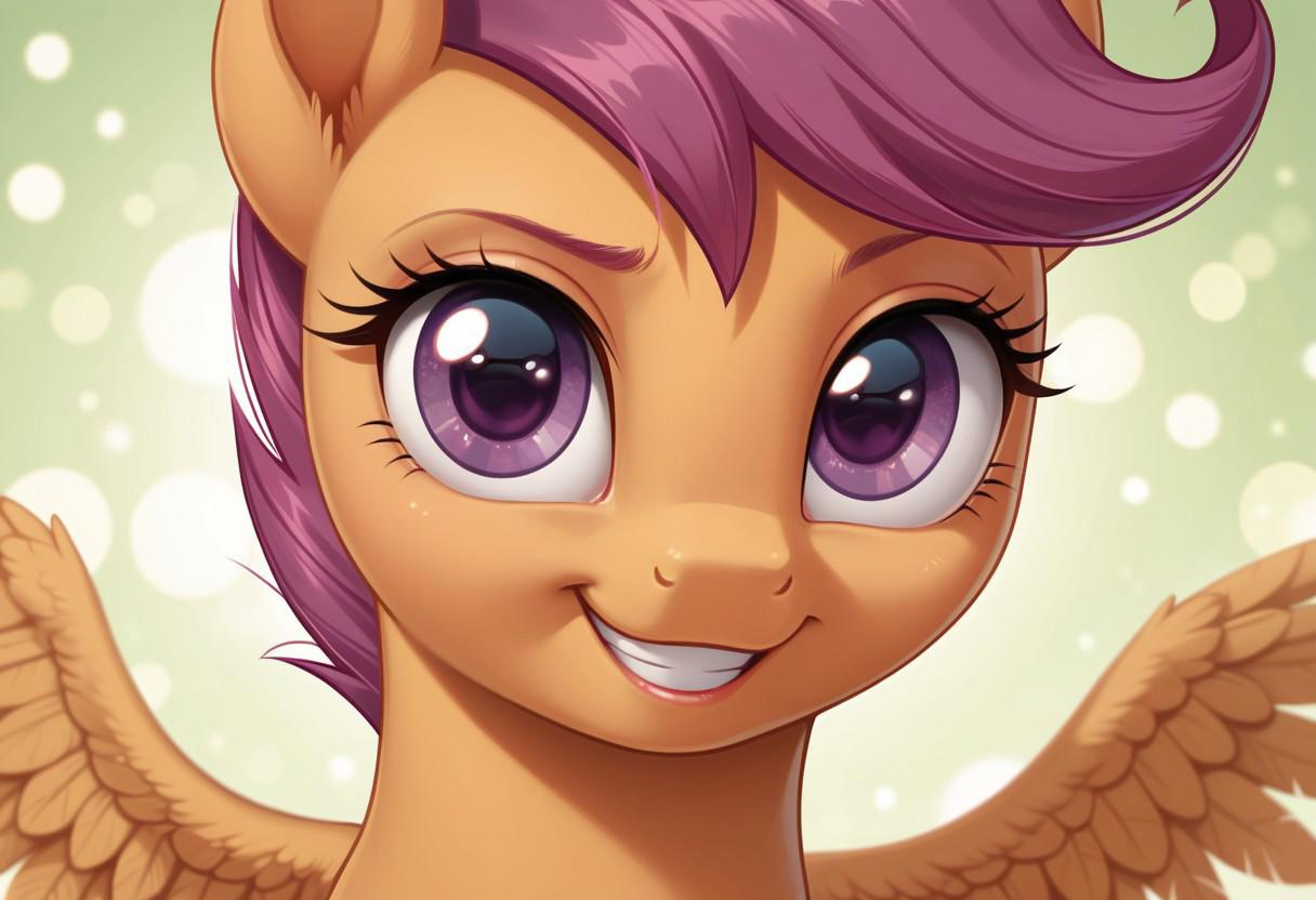 score_9, score_8_up, score_7_up, score_6_up, score_5_up, score_4_up, my little pony, ((feral pony)), Scootaloo, 1girl, solo, (cute), beautiful, detailed, (detailed cute pony face), detailed eyes, detailed fur, beautiful, vector, flat colors, (abstract background:1.8), (looking at you, looking at viewer:1.5), smile, happy, ((close-up)), high angle