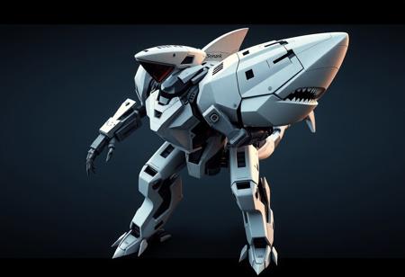 epic details Isometric dynamic action pose of a powerful Armored Shark futuristic robot, meticulously detailed gray/white triangular & rectangular paneling, striking visor head, complex armored body standing tall with bent legs, extended arms, head tilted, emerging from a stark Deep Sea Aria background. Creative angle, impeccable composition, golden ratio. Cinematic dramatic lighting, stunning multi-colors. High-res 4K Octane Render, Unreal Engine 5, trending on ArtstationHQ, CGSociety. Matte painting, splash ink illustration, sharp lines, hyperrealistic detailing, contemporary aesthetics.