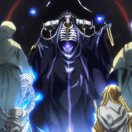 Anime, Male, one_person, black_robe, Skeleton Background_darkpalace, blue_glowing_eyes, wielding_a_scythe, chainmail_robe, surshana, holding_a_scythe, detailed, skeleton_face, undeads_in_the_Background, Scythe,  Ainz,