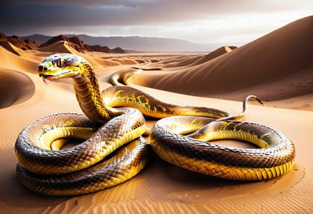 golden snake statue in desert, sn4ke