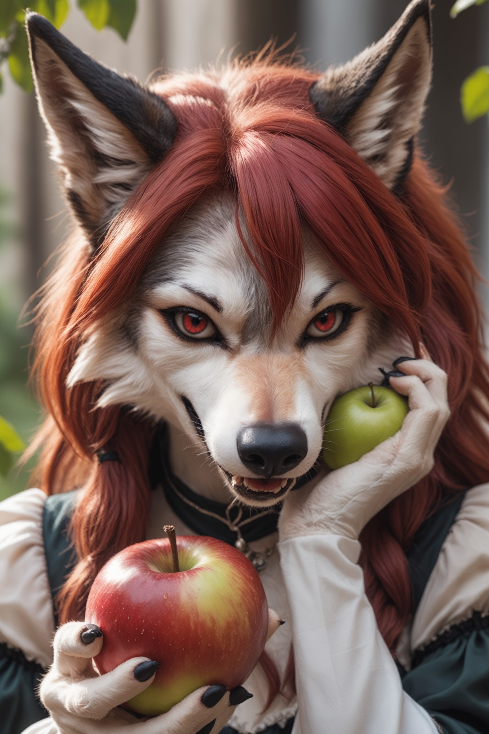 closeup photp of a red haired anthro wolf female,
 holding an apple, wearing medieval drees is eating a apple, wolf ears, ...