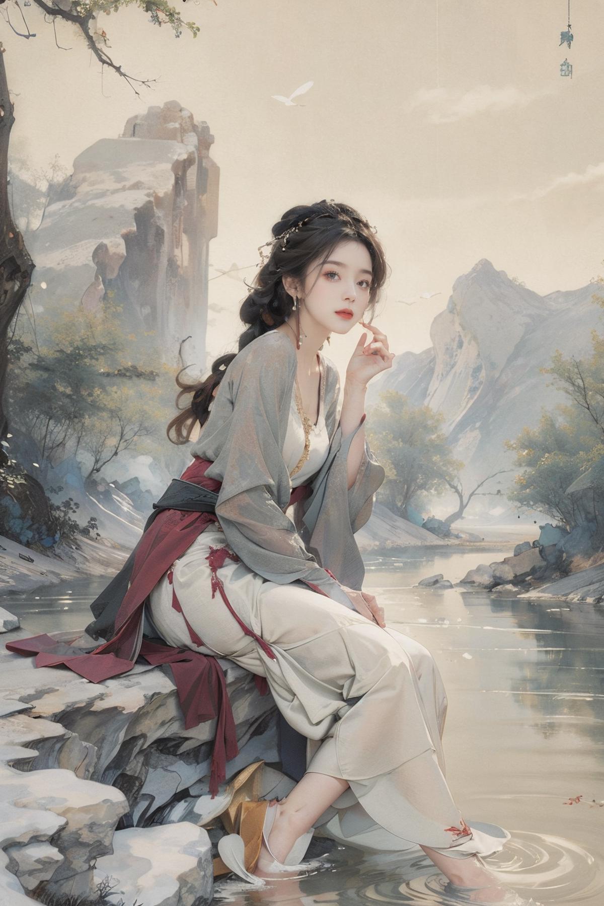 A beautiful woman sitting by a river, wearing a long dress and hair ornaments.