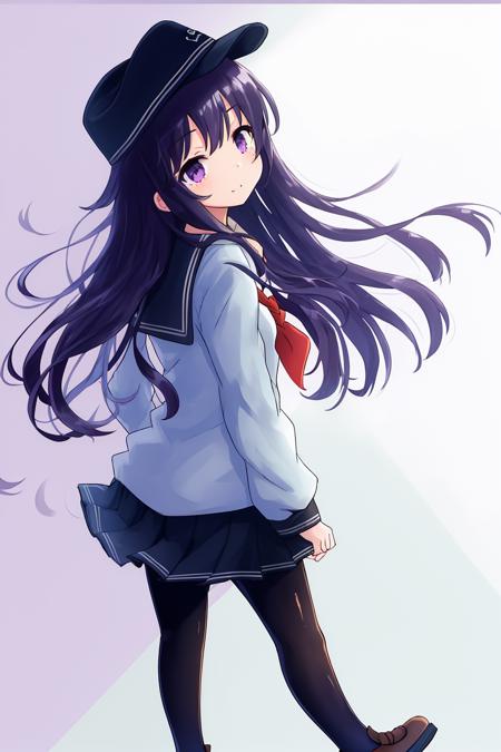 masterpiece, best quality,1girl, solo, long hair, akatsuki, hat, pantyhose, school uniform, serafuku, skirt, purple eyes, hair, black pantyhose, neckerchief, purple eyes, red neckerchief, pleated skirt, anchor symbol, looking at viewer, shoes, flat cap, loafers, standing, full body,back, <lora:xiao:1>