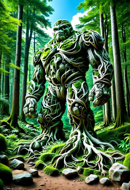 score_9,score_8_up,score_7_up, PG-TR, This is a vibrant, fantasy illustration of a large, golem-like figure that appears to be made of stones and rocks, partly overgrown with lush green foliage. The figure stands in a forested environment, with trees and plants surrounding it, and in the background, ruins or other stone structures are visible. The sky above is clear blue with some white clouds, indicating a sunny day.
The colossus itself is impressively large, with a broad posture and thick, robust limbs. Its body is a mix of gray and brown stones, some smoother than others, with cracks and moss growth emphasizing its age and natural integration. The most striking feature is the dense layer of bright green leaves covering large parts of its torso, shoulders, and upper legs, as if it has become part of the forest itself.
The colossus's face is somewhat human-like, with a stylized, flat nose and indentations suggesting eyes, all formed from stone. The overall atmosphere of the image is one of wonder and mystery, fitting for a fantasy world. <lora:Treeroots_0_90_multi2_Handprocessed_V2:1>