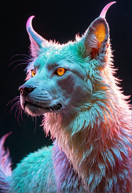 Furry, iridescent, crystalline, gelatinous, luminescent, quadruped, horn-like protrusions, translucent, bioluminescent, ethereal, wispy, tendrils, glowing orbs, shimmering mist, fog-like aura, mesmerizing gaze,  Soft pastel hues, neon pink, electric blue, mint green, lavender, golden yellow, radiant orange, crimson red, midnight black,  Low-angle shot, dramatic lighting, cinematic frame,  Stylized realism, vibrant lines, bold textures