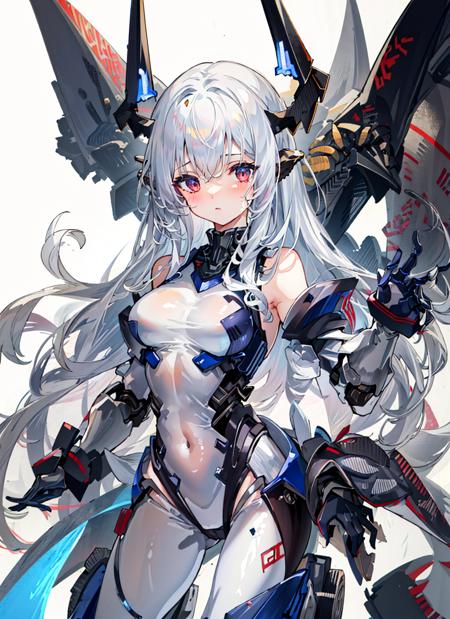 masterpiece,1girl,mecha musume, black_mechanical arms, headgear, <lora:A-MechaMusume[mecha musume, mechanical arms, headgear][bodysuit]:1>,  <lora:Colossus Omega-chan:0.6>,white hair, horns, bodysuit,