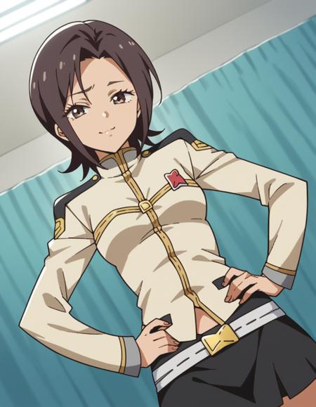 aoi miyasato, short hair, brown hair, black hair, brown eyes, skirt, long sleeves, navel, midriff, belt, miniskirt, uniform