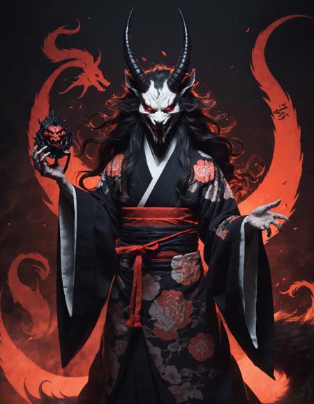 oni_mask, kimono, long_hair, pale_skin, sharp_teeth, horns, red_eyes, yurei, dark_aura, ghostly_robes, floating, malevolent_grin, ethereal_presence, clawed_hands, spectral_wings, tengu_nose, fox_features (for kitsune), snake-like_attributes (for nure-onna), shadowy_form, glowing_eyes