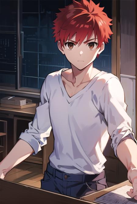 shirouemiya, <lora:shirouemiyatest:1>, 
shirou emiya, 1boy, (red hair:1.5), spiked hair, (brown eyes:1.5), mature male,
BREAK blue pants, collarbone, pants, shirt, long sleeves, white shirt,
BREAK looking at viewer,
BREAK indoors, classroom,
BREAK <lora:GoodHands-vanilla:1>, (masterpiece:1.2), best quality, high resolution, unity 8k wallpaper, (illustration:0.8), (beautiful detailed eyes:1.6), extremely detailed face, perfect lighting, extremely detailed CG, (perfect hands, perfect anatomy),