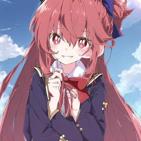 <lora:ixy:1>, ixy,

 1girl, bow, clouds, cloudy sky, ears, eyelashes, hair bow, highres, lips, long hair, looking at viewer, mouth hold, pocky, ponytail, red eyes, redhead, sky, smile, solo