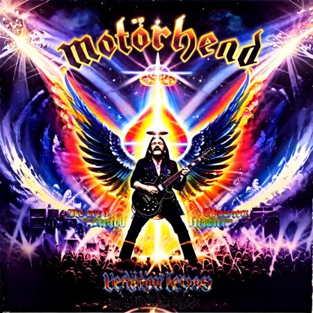 psychedelic style (lemmy:1.05) as a black angel playing guitar at a (rock concert:0.85) in heaven,shining Halo ,motörhead_cover, white clouds, jesus headbanging in the background, wings, (R.I.P. LEMMY:1.15) letters, (holy:1.1),, . vibrant colors, swirling patterns, abstract forms, surreal, trippy