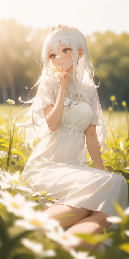 (masterpiece, best quality),1girl with long white hair sitting in a field of green plants and flowers, her hand under her chin, warm lighting, white dress, blurry foreground