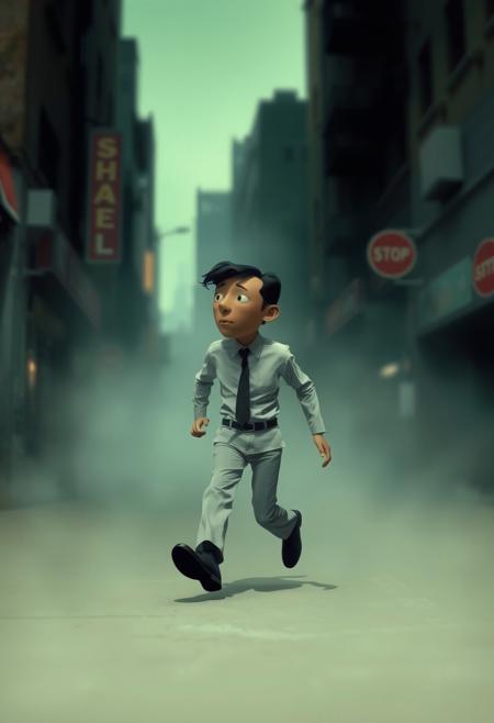 A dynamic, cinematic depiction of a moving caricature figure in a surreal, nostalgic urban setting. Soft focus, hazy background, blurred lines, muted colors, mid-20th-century aesthetic, geometric simplicity, faceless figure, introspective mood, and timeless elegance.