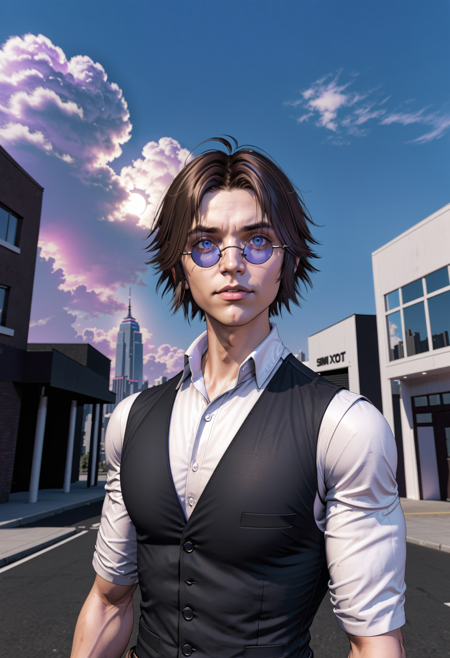 Simon Petrikov, solo, looking at viewer, short hair, brown hair, shirt, black hair, 1boy, white shirt, upper body, male focus, outdoors, parted lips, sky, glasses, day, collared shirt, vest, blue sky, lips, halo, sunglasses, building, black vest, round eyewear, tinted eyewear <lora:SimonSexyMan:0.5>