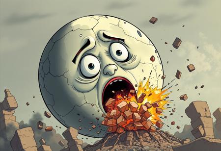 moon: large, anthropomorphic, cracked surface, exaggerated facial features  
moon expression: shocked, exaggerated wide-eyed look, mouth agape in a comedic reaction  
moon details: visible damage from explosion, cartoonishly crumbling with pieces flying off  
moon position: central to the scene, dominating the upper portion of the composition  
interaction: actively reacting to the explosion, visually tied to the chaotic motion around it