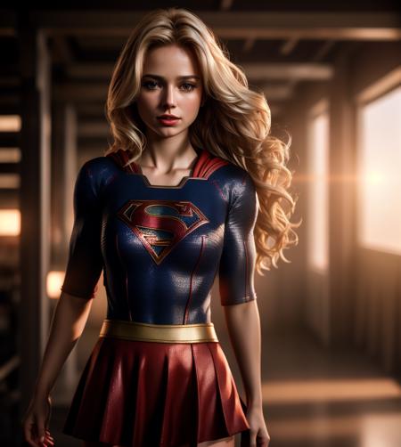 Photo of supergirl person, hair blonde, Best quality, skirt red, masterpiece, ultra high res, (photorealistic:1.4), raw photo, cinematic lighting, blender, 8 k