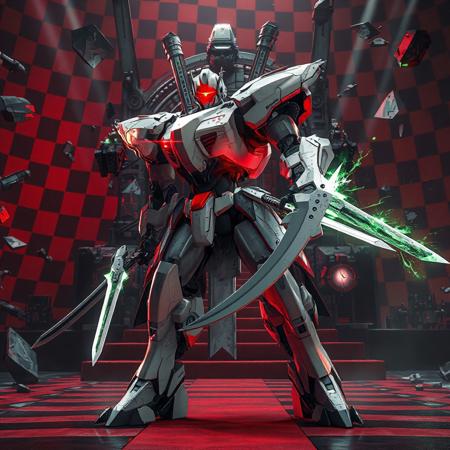 "A futuristic Superheavy Samurai Magnet robot in a dynamic battle stance, white-and-gray armored body with glossy metallic textures, dual katanas (large on right arm, smaller on left), and a crimson visor glowing with energy. Against a Nightmare Throne backdrop of red-black checkered patterns and floating geometric debris, evoking a surreal cyberpunk arena. Stylized with sharp mecha design, Octane Render gloss, and Unreal Engine 5 realism. Hyper-detailed surfaces: scratched armor, neon circuit lines, and plasma energy radiating from blades. Cinematic lighting—dramatic shadows and volumetric beams—accentuates the samurai’s poised stance and the throne’s ominous depth. Color palette: monochrome steel with red accents, juxtaposed against acidic green glows in the background. Influenced by Ghost in the Shell mecha aesthetics and Katsuhiro Otomo’s industrial art. Trending on ArtStation, 8K HDR, golden ratio framing, Dutch angle composition. Matte painting layers blend 3D CGI and traditional ink splatter effects for raw intensity.