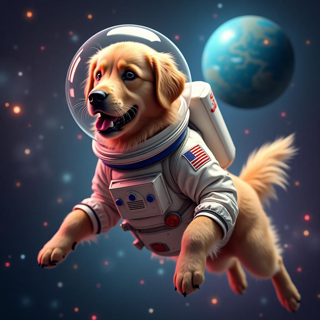 A golden retriever wearing an astronaut suit, floating in space with a glowing planet and colorful galaxies in the background