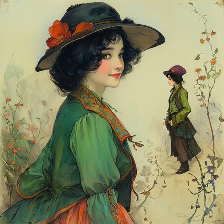 score_9, score_8_up, score_7_up, style of Warwick Goble, portrait, solo, 1girl, smiling, black hair, hour glass figure, makeup, wearing a layered green blouse, dress, jacket, hat, elegant, intricate details, vibrant colors, fantastical, masterpiece, detailed,