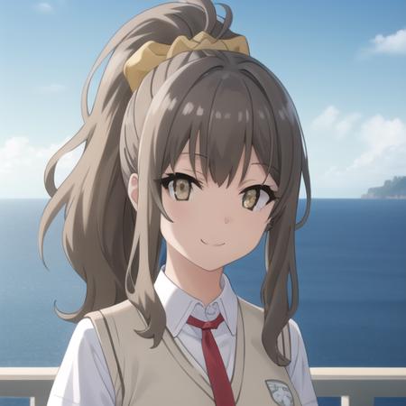 ((masterpiece)),(best quality),official art,extremely detailed CG,unity 8k wallpaper,ultra detailed,A lighthouse on a cliff by the sea,1girl,solo,upper body,(portrait:1.2),school_uniform,brown_hair,long_hair,scrunchie,looking_at_viewer,smile,pleated_skirt,hair_scrunchie,brown_eyes,white_shirt,hair_ornament,sweater_vest,red_necktie,high_ponytail,breasts,yellow_scrunchie,short_sleeves,white_socks,<lora:Futaba Rio(sby)>,