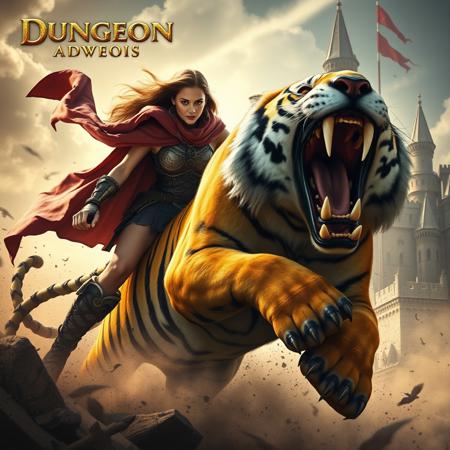 strong and powerful dungeons and dragons epic movie poster barbarian woman with cape charging into battle violent roar with a vicious yellow and black tiger beast leather and fur boots and back banners (windy dust debris storm:1.1) volumetric lighting fog depth mist pass z pass great stone castle very bright morning sunlight from side
