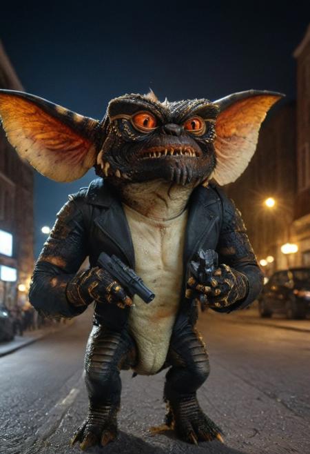 Xgremlinx,(terminator:1.3), sun bases,black  chacket, gun, amazing quality, masterpiece, best quality, hyper detailed, ultra detailed, UHD, perfect anatomy, portrait, hyper-realism, majestic, awesome, inspiring, - portrait in night city street ,  cinematic composition, soft shadows, national geographic style,
