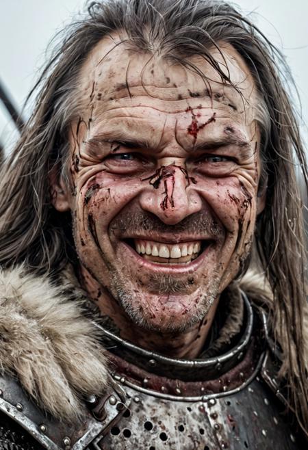 Portrait Photo of mature slavic warrior. he weared plate armor, fur coat. Scars on his face. Long dirty hair, sweat, dirty face, broken nose, dirty berd. He is smiling. Some teeth is missing, dental injury. He is tried after battle. There are marks of battle, dents, and blood on his armor.
Background is a battlefield. Winter day. 
High detail