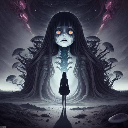 [by Junji Ito], dark horrorscape, [detailed shadows], [veins], (bioluminescent mushrooms), 1girl, gigantic cosmic eyes, streaming tears, spiraling hellfire, HDR, (symmetrical:0.5),  <lora:doortoinfinity:0.45>