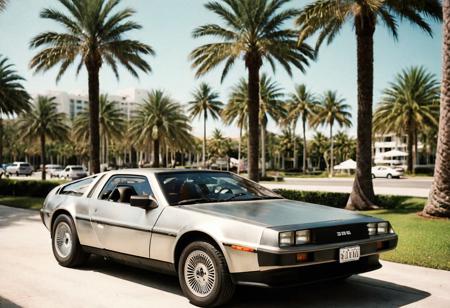 analog film photo (Sportscar gleaming silver DeLorean, front view, palm trees, sunny seaside cityscape), (stylish, film grain, saturated:1.3) . faded film, desaturated, 35mm photo, grainy, vignette, vintage, Kodachrome, Lomography, stained, highly detailed, found footage