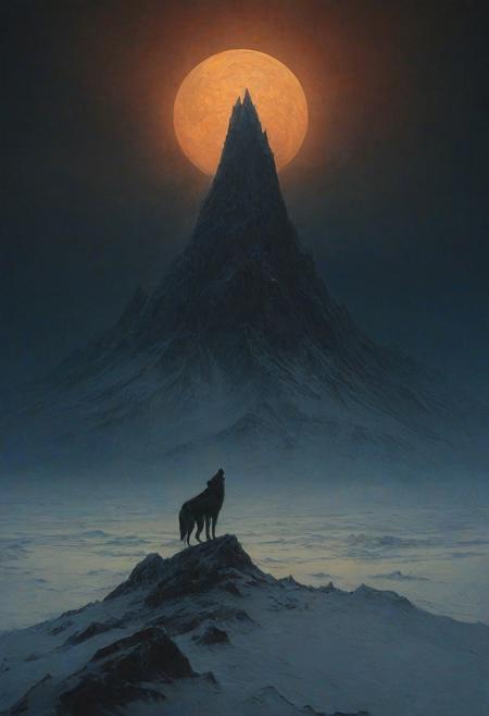 digital artwork by Beksinski, dormant volcano, scenery, dramatic, night, snow, north pole, monumental, sinister, evil, wolves, moon