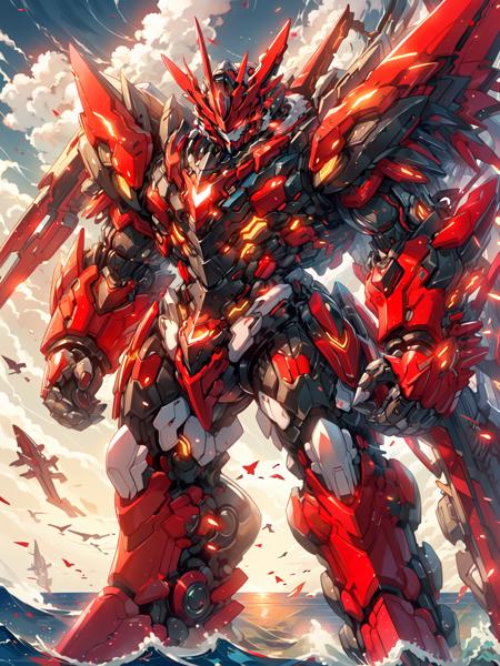 nijimecha,red mech standing in an endless sea,deep sea,mech with heavy armor,thick limbs,energy core,power armor,full armor,red mech,full red,best quality,masterpiece,no human being,v-fin,<lora:nijimecha-p8:0.7>,