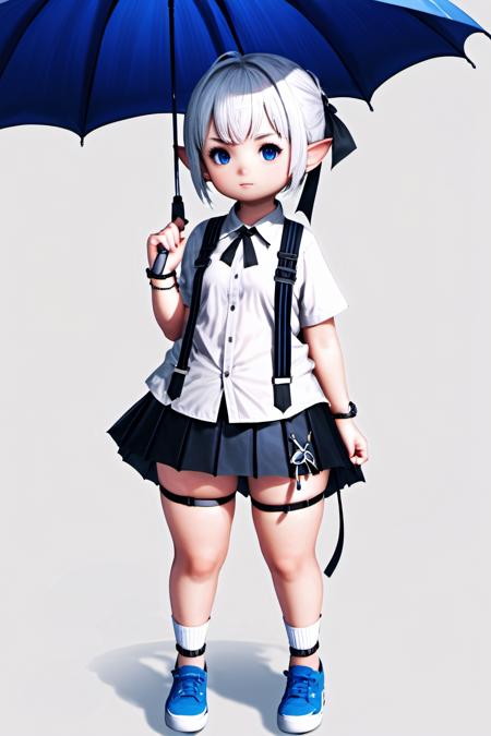 1girl,  LalaTater,  bike shorts,  bike shorts under skirt,  black footwear,  black nails,  black skirt,  blue eyes,  bracelet,  child,  full body,  holding,  holding umbrella,  jewelry,  looking at viewer,  nail polish,  pleated skirt,  ponytail,  shirt,  shoes,  short hair,  shorts,  shorts under skirt,  simple background,  skirt,  sneakers,  standing,  suspender skirt,  suspenders,  umbrella,  white background,  white hair,  white shirt,  chibi, <lora:EMS-61490-EMS:0.800000>