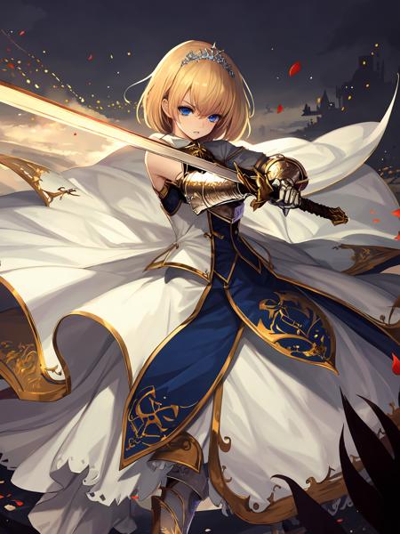 masterpiece,best quality,highres,cinematic lighting,dramatic angle,<lora:ShadowverseAureliaV2:0.8> ,blonde hair,hairband,breastplate,crown,armored boots,gauntlets,petals,white  dress,looking at viewer,serious,blue eyes,parted lips,holding sword,slashing,glowing weapon,from random point of view,portrait,close-up,cape,bare shoulders