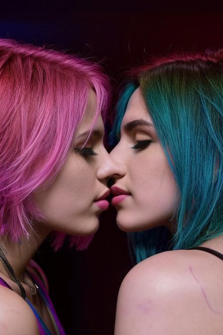 score_9, score_8_up, score_7_up, score_6_up, two beautiful 19 year old girls, colored hair, neon lights, rave, rave clothing, crowd, nighttime, dusk, smiling, ultra realistic, big lips, (masterpiece, best quality, highres:1.2), (photorealistic:1.2), yuri, kiss