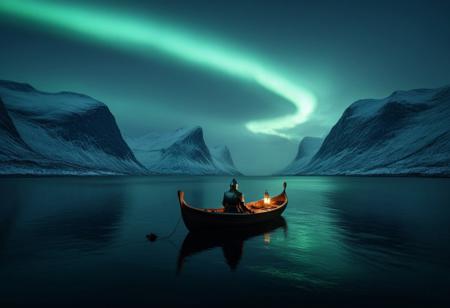 landscape, Norway, mountains, sea, fog, rain, 1 small wooden boat, jetty, armoured knight sitting on the boat, longing for a brighter future. the boat is in the middle of the water,  northern lights,the knight is big compare to the boat , tiny oil lamp light underseat of the boat,
high contrast, stylized, clear, surreal, ultra quality , 8k, best quality, masterpiece, textural, artistic, midjourneyv6.1,