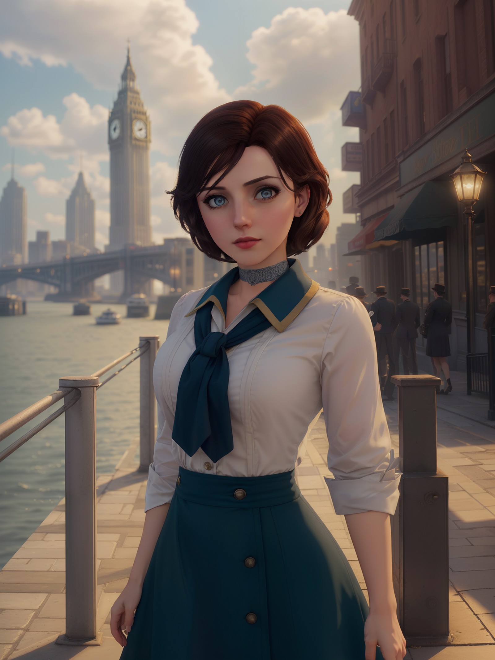 bioshockelizabeth standing in front of a city, cute face, dramatic lighting, bright weather, wallpaper, intricate, sharp f...