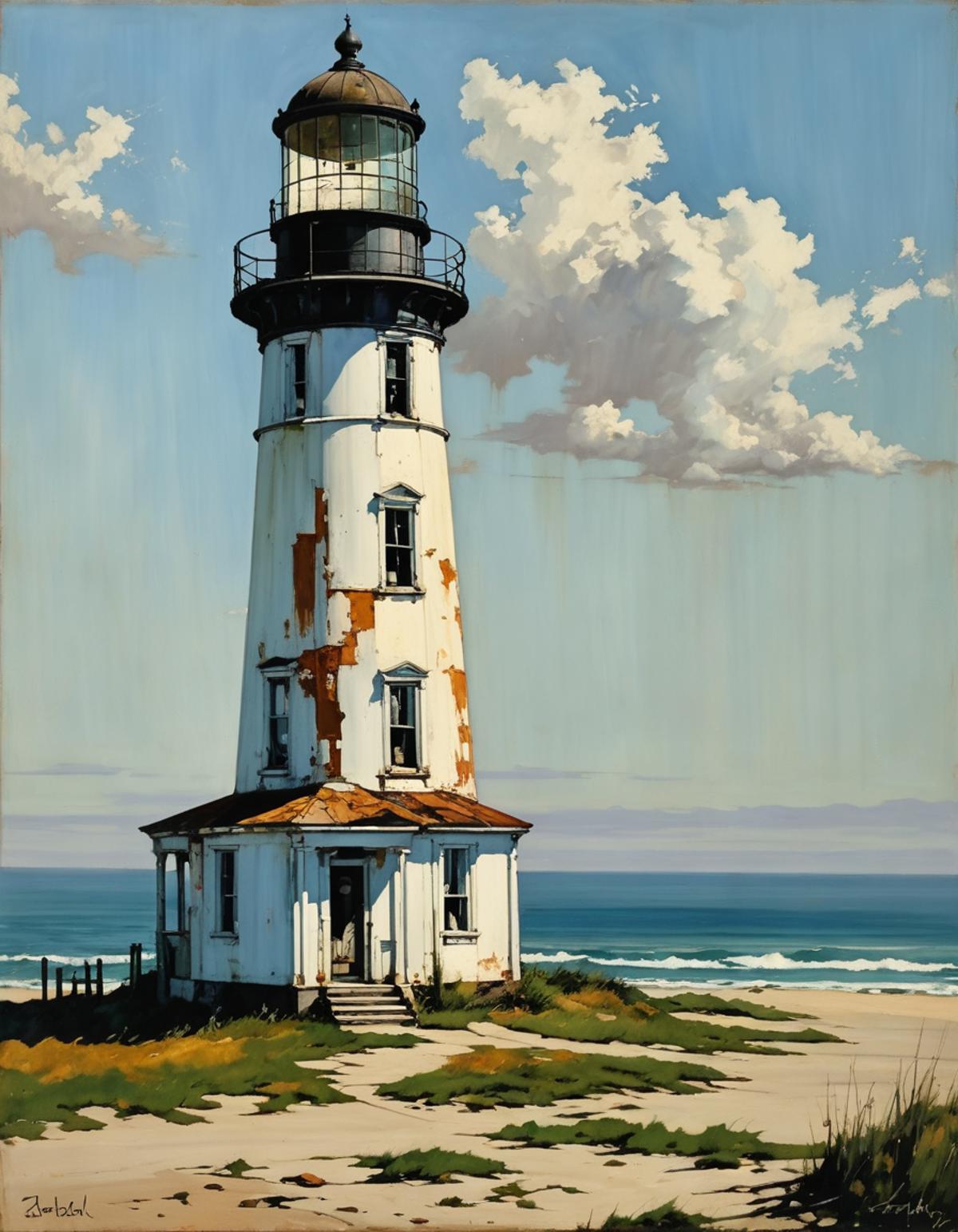 A painting of a lighthouse with a cloudy sky.