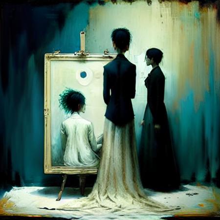 a woman standing in a livingroom looking at a painting   <lora:DarkSurrealismAI:1>