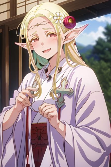 eruda_edomaeelf blonde_hair, pointy_ears, long_hair, elf, blush, circlet, hair_ornament, flower, hair_flower, red_eyes