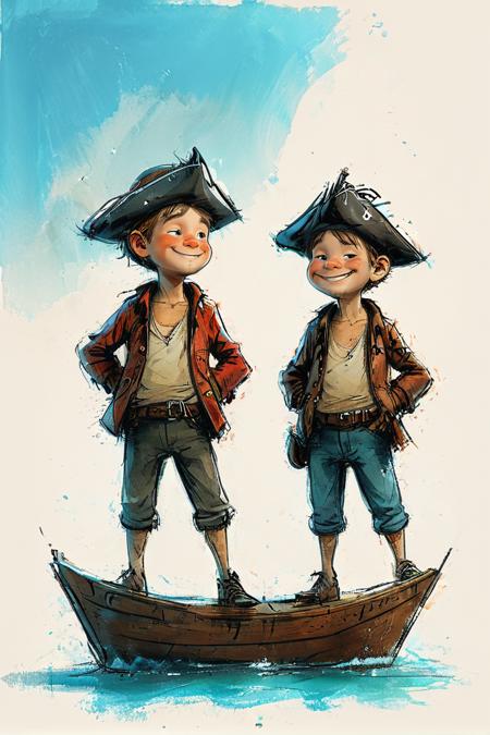 impactful color paint of cute drawing of 2boys, boat, ocean, caustics, wave pointing, , happy pirate hat, eyepatch, shark, flintlock ,<lora:Cute_Drawing:0.8>, highly detailed,  8k, sharp,  professional, clear,   high contrast, crystal clear