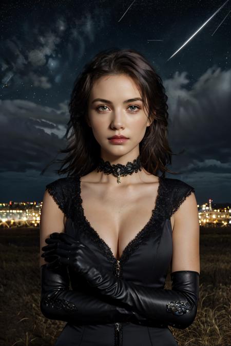 1girl, solo, black hair, gloves,  dress, realistic <lora:lace-HXZ:0.7>cleavage,jewelry,medium breasts,unbuttoned clothes,1girl, solo, dress, gloves, brown hair, black dress, sky, night, shooting star, elbow gloves, star \(sky\), choker, night sky, realistic, black gloves, brown eyes, long hair, lips, starry sky, jewelry, looking at viewer, outdoors