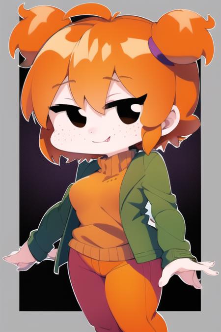 DSideGF 1girl, smile, orange hair, solo, jacket, open mouth, shirt , freckles, black eyes, twintails, short twintails , pants , green jacket , short hair, purple shirt, long sleeves, open clothes, purple sweater