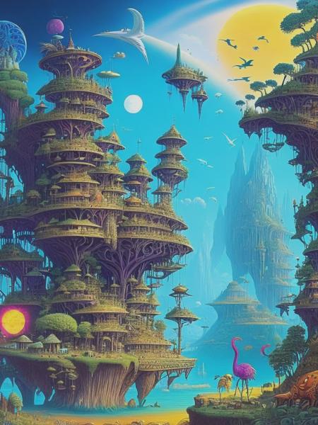 <lyco:RodneyMatthews:1.0> an extremely complex and intricate psychedelic dream scene with all the strange animals and plants and creatures and machines of the world, in the style of Rodney Matthews